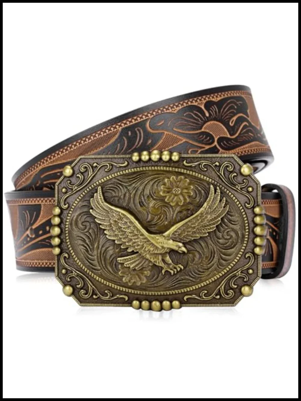 Men's Western Leather Belt with Floral Engraved Buckle, Removable, Adjustable